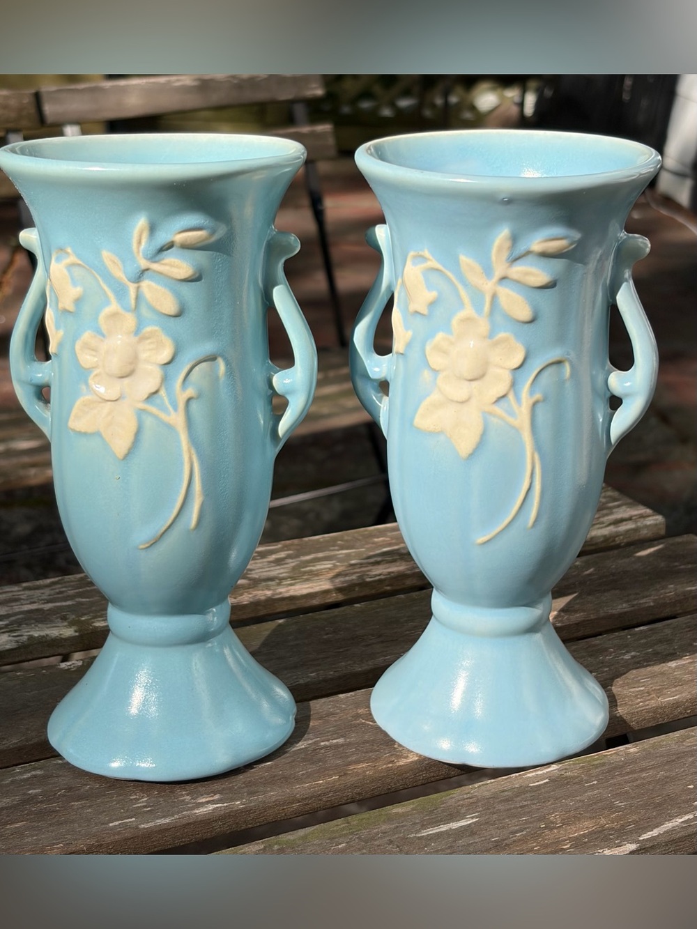 (2) Blue Weller Pottery Handled Vase Cameo Relief Signed 8.5 "1930's
